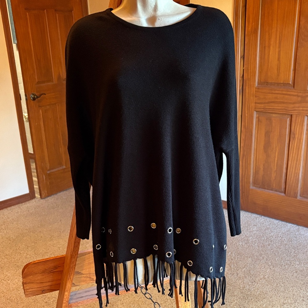 Chico's Elegant Black Sweater with Fringe and Grommet Detail